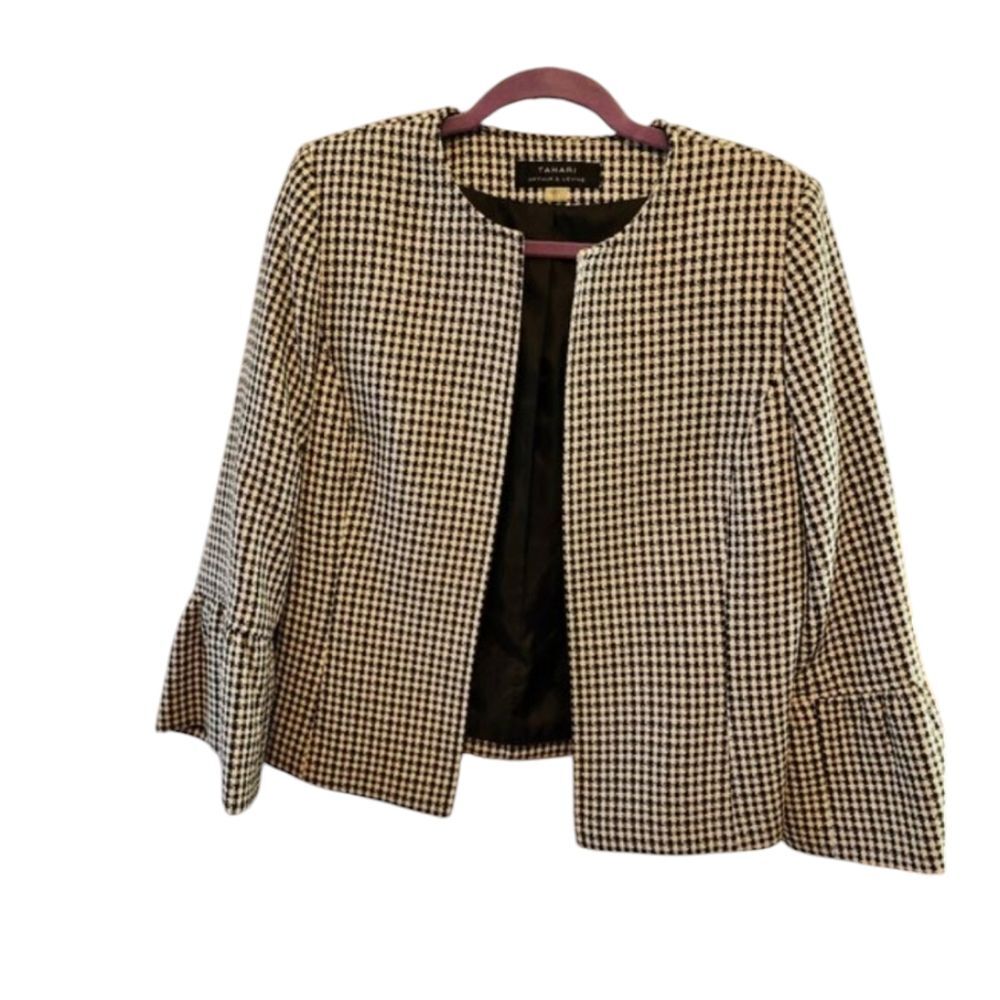 TAHARI ARTHUR S. LEVINE JACKET SIZE 10 BLACK/IVORY LINED RUFFLE SLEEVE
